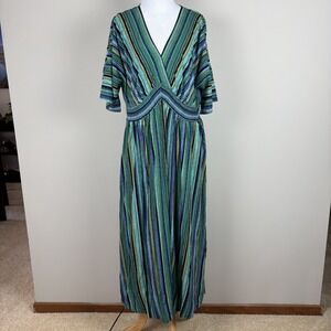 Bloomchic Maxi Dress Womens 12 Green Stripe Smocked Slit Dolman Short Sleeve New